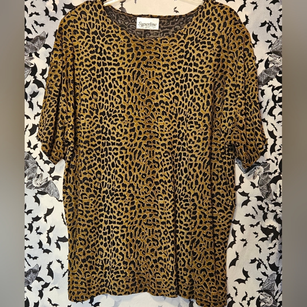 Superline Short Sleeve Leopard Print Blouse Top 2XL Shoulder Pads Women